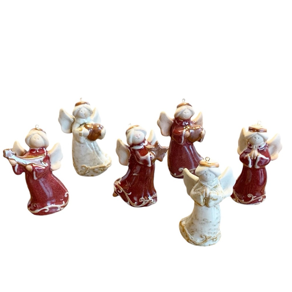 Set of 6 Christmas clay/pottery angel ornaments